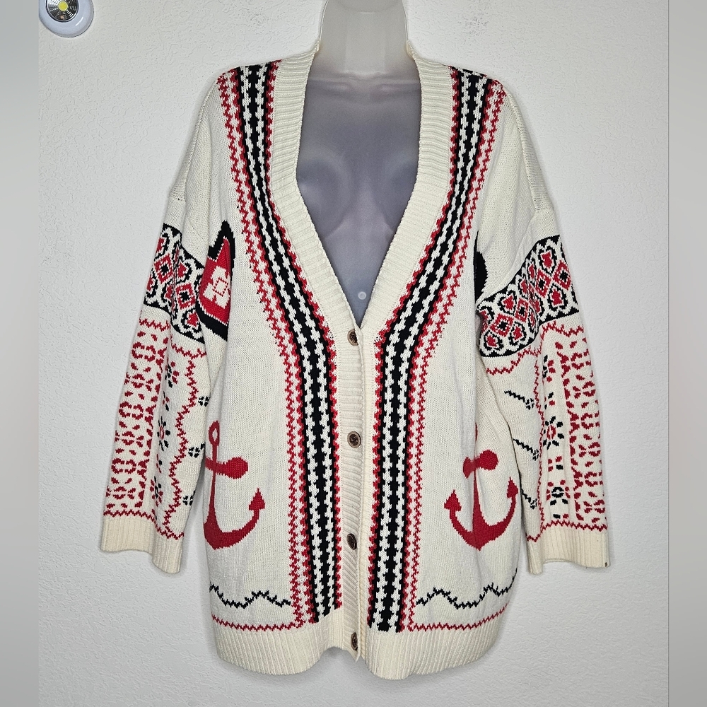 Anthropologie Chunky Knit Cream Nautical Anchor Button Front Cardigan Sweater L